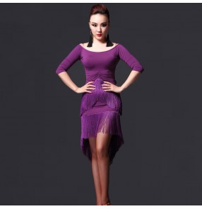 Women's tassels violet royal blue middle long sleeves latin dance dresses sets top and skirts