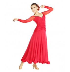 Women's v neck long mesh sleeves ballroom dancing dress full skirt turquoise