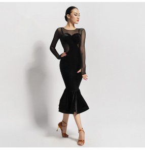 Women's velvet black long sleeves latin dance dresses samba dresses