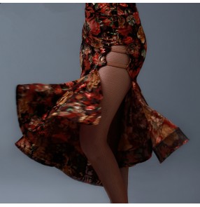 Women's Velvet fashionable sexy floral printed side split latin dance skirt 