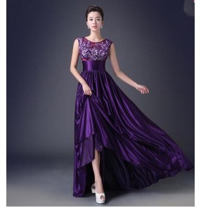 Women's violet appliques pattern A-line double shoulder long length evening dress bridals wedding party dress