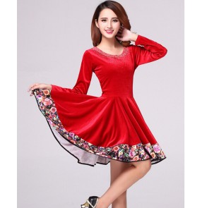 Women's wine red paillette patchwork latin dance dress long sleeves 