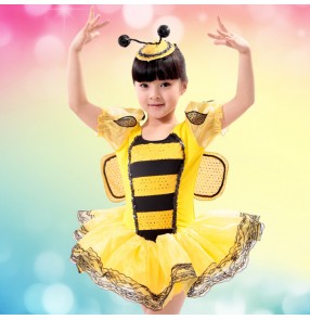 Yellow bees with wings colored girls child children kids toddlers kindergarten short sleeves modern dance stage performance jazz dj cos play  dresses costumes
