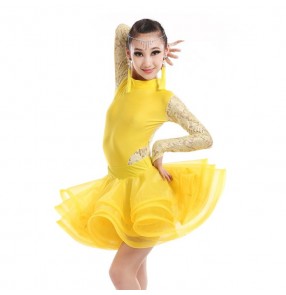Yellow fuchsia hot pink white lace sleeves back patchwork girls kids children competition performance ballroom latin dance dresses outfits