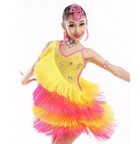 Yellow fuchsia patchwork colored orange colored  blue fringe backless competition kindergarten growth girls kids child children baby toddlers rhinestones latin salsa cha cha dance dresses costumes