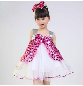 Yellow gold fuchsia hot pink sequined paillette sleeveless princess girls kids child children toddlers baby growth modern dance stage performance jazz dj ds dance costumes dresses