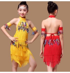 Yellow gold red royal blue fuchsia hot pink fringes tassels paillette girls kids child children toddlers backless competition practice latin salsa cha cha dance dresses split set