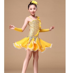 Yellow  gold sleeveless one shoulder paillette summer spring sequined practice competition girls baby kids child children toddlers growth latin dance dresses with gloves