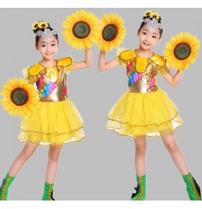 Yellow sun flowers girls kids child children toddlers growth stage performance cos-play modern dance jazz dance dj singer dance costumes dresses clothes