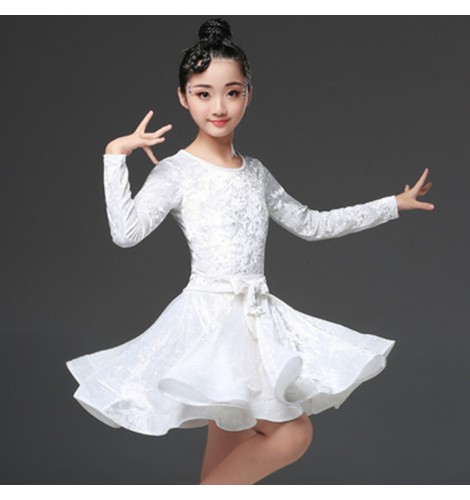 Velvet Long Sleeves Latin Dance Dress For Children Girls Competition  Ballroom Kids Tango Salsa Dancewear Practice Wear Cha Cha