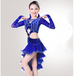 kids royal blue violet competition latin dance dresses stage performance latin salsa dance dress costumes