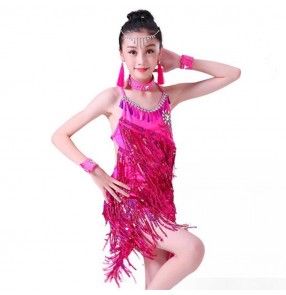 Kids tassels competition stage performance latin dresses for girls paillette pink silver salsa chacha rumba samba dancing skirts dancewear