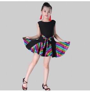 latin dance Rainbow skirt for girls kids children stage performance competition salsa chacha rumba dancing dresses