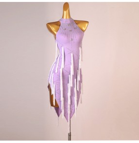 Light purple tassels competition Latin dance dress for women girls professional modern dance stage performance latin dance costumes rumba samba chacha dance dress