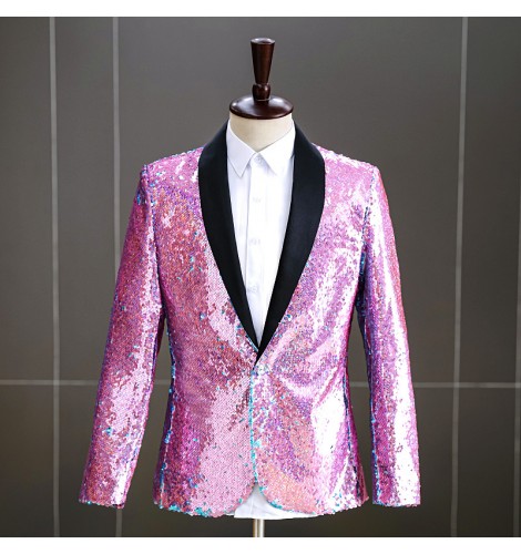 Men jazz dance Pink blue glitter suit jacket stage performance singer ...