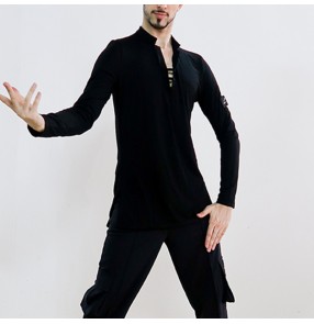 Men's black grey latin ballroom dance shirts v neck long sleeves ballroom tango waltz dance tops for male