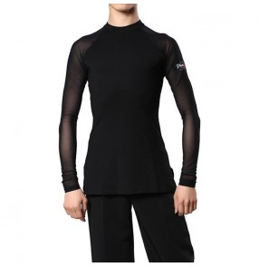Men's black mesh long sleeves latin ballroom dance shirts tops gymnastics practice performance tops 