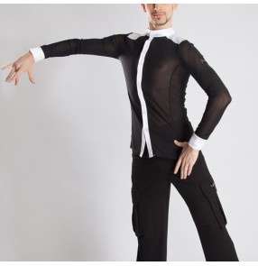 men's black with white Latin dance shirt for male men's tops dance competition practice clothes split performance dance tops