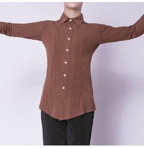 Men's coffee latin ballroom dance shirts brown colored stage performance competition waltz tango dance tops 