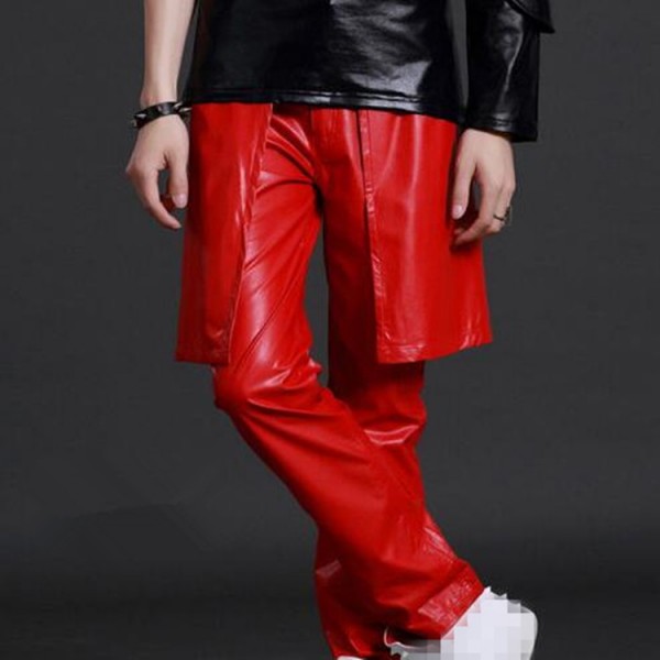 mens red leather trousers