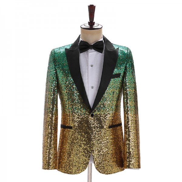 Men's singers host Green with gold gradient sequined suit jazz dance ...