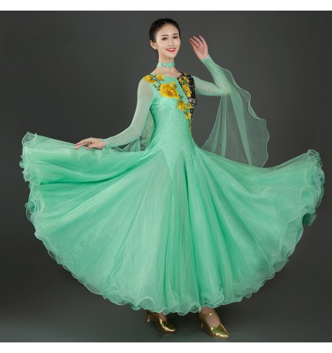 Mint green competition long sleeves ballroom dance dress for women ...