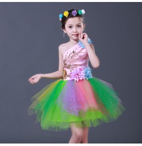 Modern dance rainbow fairy dresses for girls children kids jazz singers chorus party stage performance dancing costumes puff skirts dress costumes
