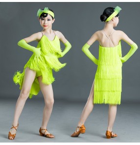 Neon  yellow tassels competition latin dance dress for girls stage performance professional salsa dance dress for kids 