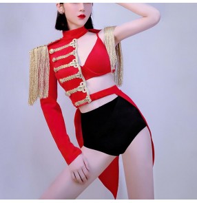 Night club red color jazz dance ds costumes for women sexy gogo lead dancer nightclub female singer military cosplay uniform carnival stage costumes