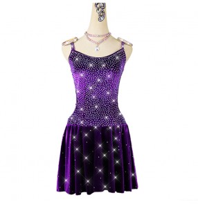 Purple velvet diamond competition latin dance dresses for women girls professional stage performance latin salsa chacha dance dresses