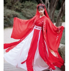  Red color Hanfu for women female Chinese Tang Han Ming Song fairy princess cosplay dress embroidery Chinese wedding dress ancient folk costume
