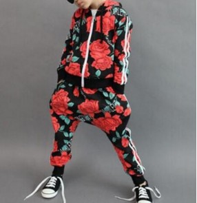Red rose flower floral printed cotton boys kids children performance school  show  play competition hip hop dance jazz dance outfits costumes set