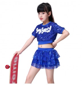 Royal blue kids jazz hip hop dance costumes sequin boys girls cheerleaders modern dance hiphop show stage performance outfits costumes