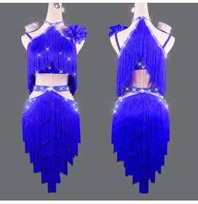 Royal blue tassels diamond competition latin dance dresses for women girls handmade custom size competition latin belly chacha dance dresses
