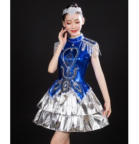 Royal blue with silver sequined jazz dance costumes for women girls singers gogo dancers solo stage performance modern dance outfits