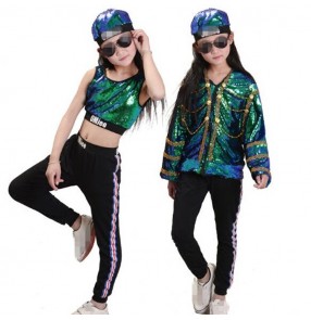 street dance jazz outfits for Kids girls green paillette hiphop stage performance competition singers cheer leaders group dancers show costumes