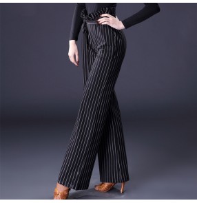 Striped Latin dance pants for female adult flower bud high waist modern dance straight trousers wide leg national standard dance trousers
