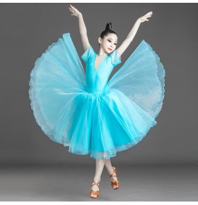 Turquoise ballroom dance dress for girls kids waltz tango latin ballroom dance costumes for children