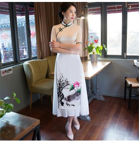 White floral chinese dresses for women retro traditional qipao dress stage performance miss etiquette show cheongsam dresses