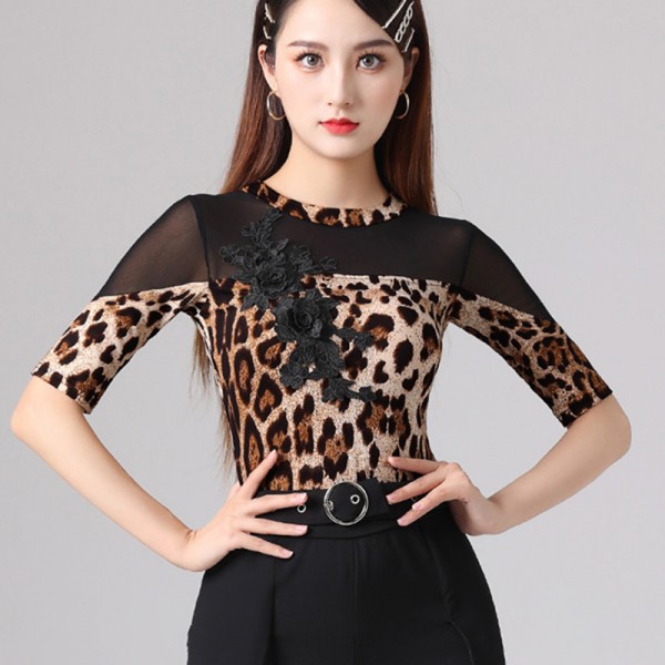 Women Blue Leopard Ballroom Latin Dancing tops Girls salsa chacha rumba ...