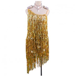  women girls gold sequined competition Latin dance dress costumes high-end performance strapless backless salsa chacha dance dress