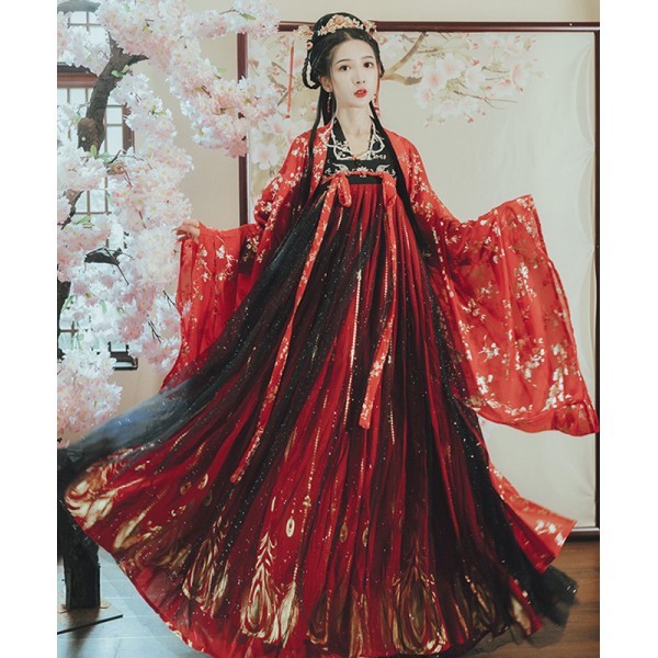 Women red black color chinese hanfu chinese ancient traditional folk ...