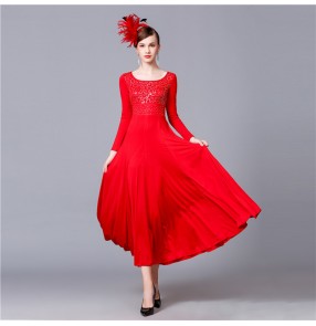 Women's ballroom dresses competition red professional stage performance waltz tango long sleeves dress