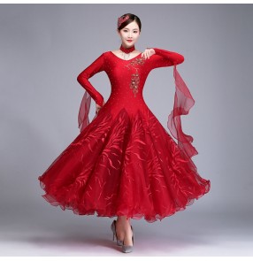 Women's black red ballroom dancing dresses modern dance stage performance professional waltz tango dance dresses