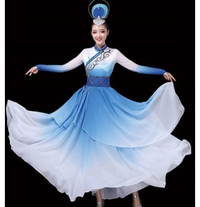 Women's blue mongolian dance costumes national Mongolia robes dresses
