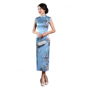 Women's Chinese dresses china qipao dresses oriental retro party show miss etiquette blue floral silk cheongsam dress for female 