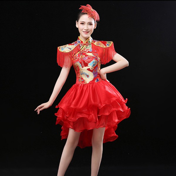 Women's Chinese folk dance dress dragon oriental drummer stage