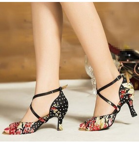 Women's floral printed latin dance shoes diamond soft cow leather sole ballroom tango waltz dance shoes