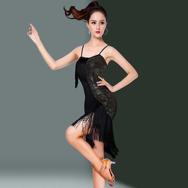 Dark green rhinestones competition latin dance dress for women feather  irregular bling skirts stage performance modern dance latin rumba salsa  dance costumes- Material: microfiber and spandex Content: only dress wi