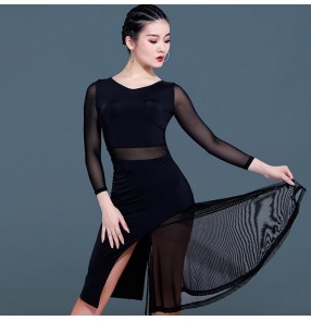 Women's girls latin dance dresses black colored long sleeves for stage performance competition rumba salsa dance skirts dress